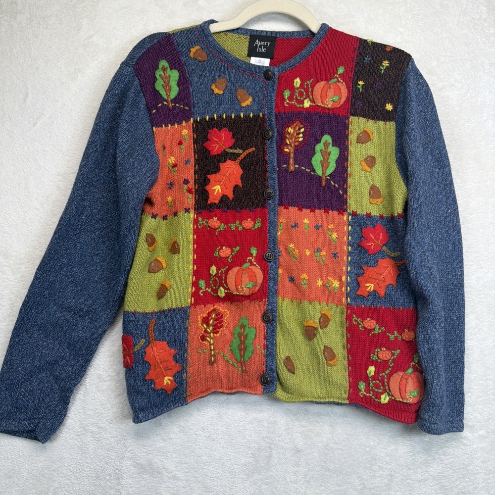 Vintage Avery Isle Fall Cardigan S Patchwork Pumpkin Leaves Applique Sweater